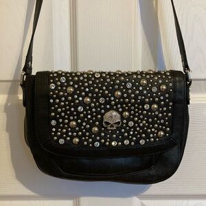 Harley Davidson Skull Rhinestone Studded Crossbody Handbag Black Leather Y2K